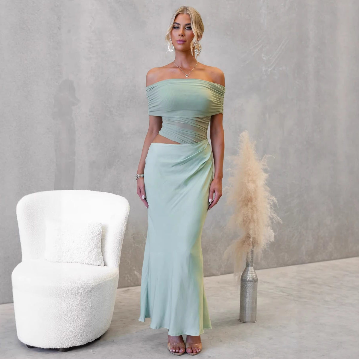 Women's Satin Off-Shoulder Maxi Dress with Ruched Mesh Bodice - Maisie London