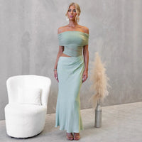 Women's Satin Off-Shoulder Maxi Dress with Ruched Mesh Bodice - Maisie London