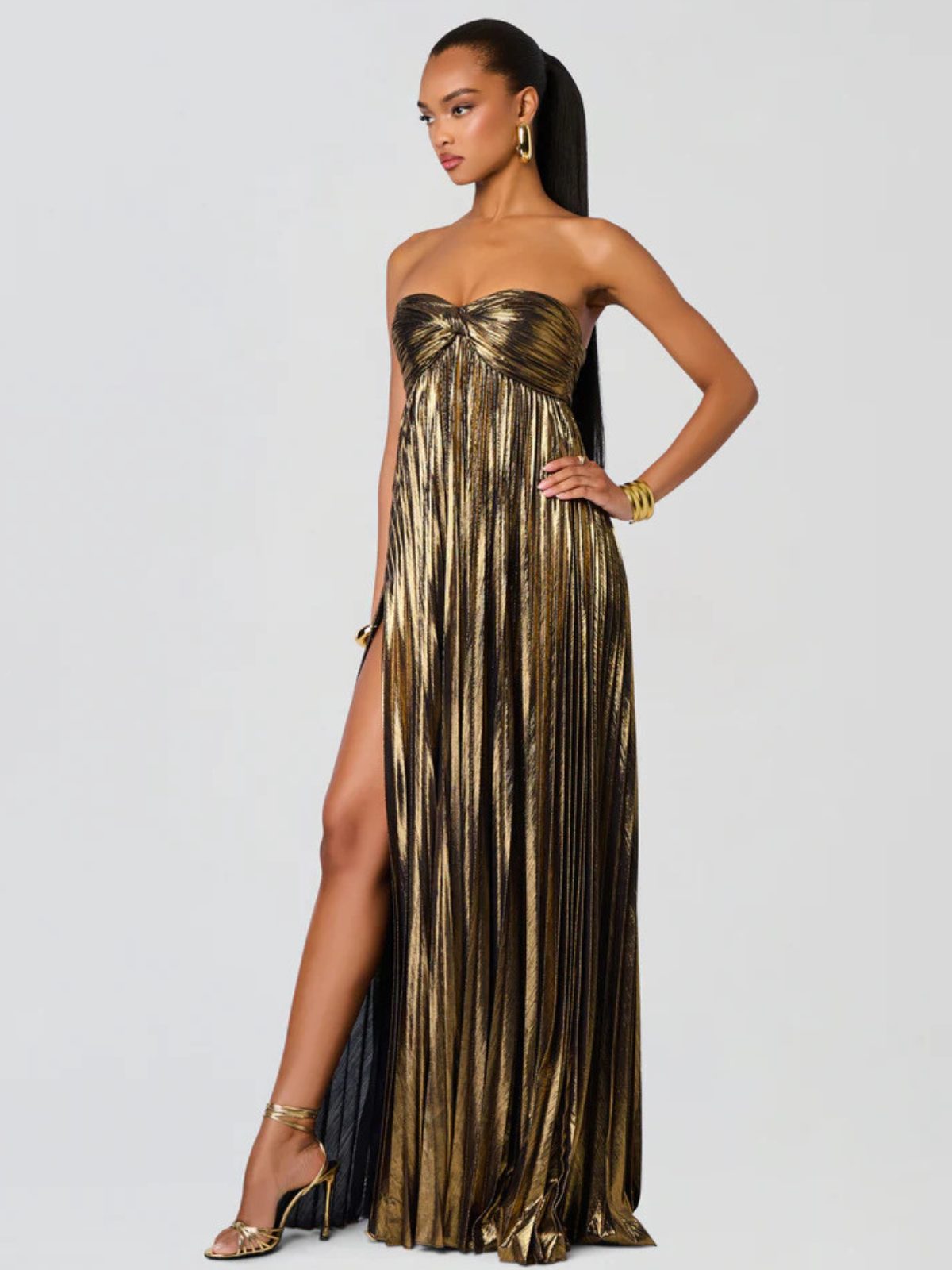 Women's Pleated Metallic Maxi Dress with Twist Front and Side Split - Maisie London