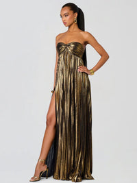 Women's Pleated Metallic Maxi Dress with Twist Front and Side Split - Maisie London
