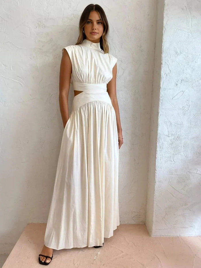 Women's Sleeveless Maxi Dress with High Collar and Waist Cut-Outs - Maisie London