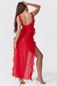 Women's Chiffon Ruffle Maxi Dress with Square Neck and Side Slit - Maisie London