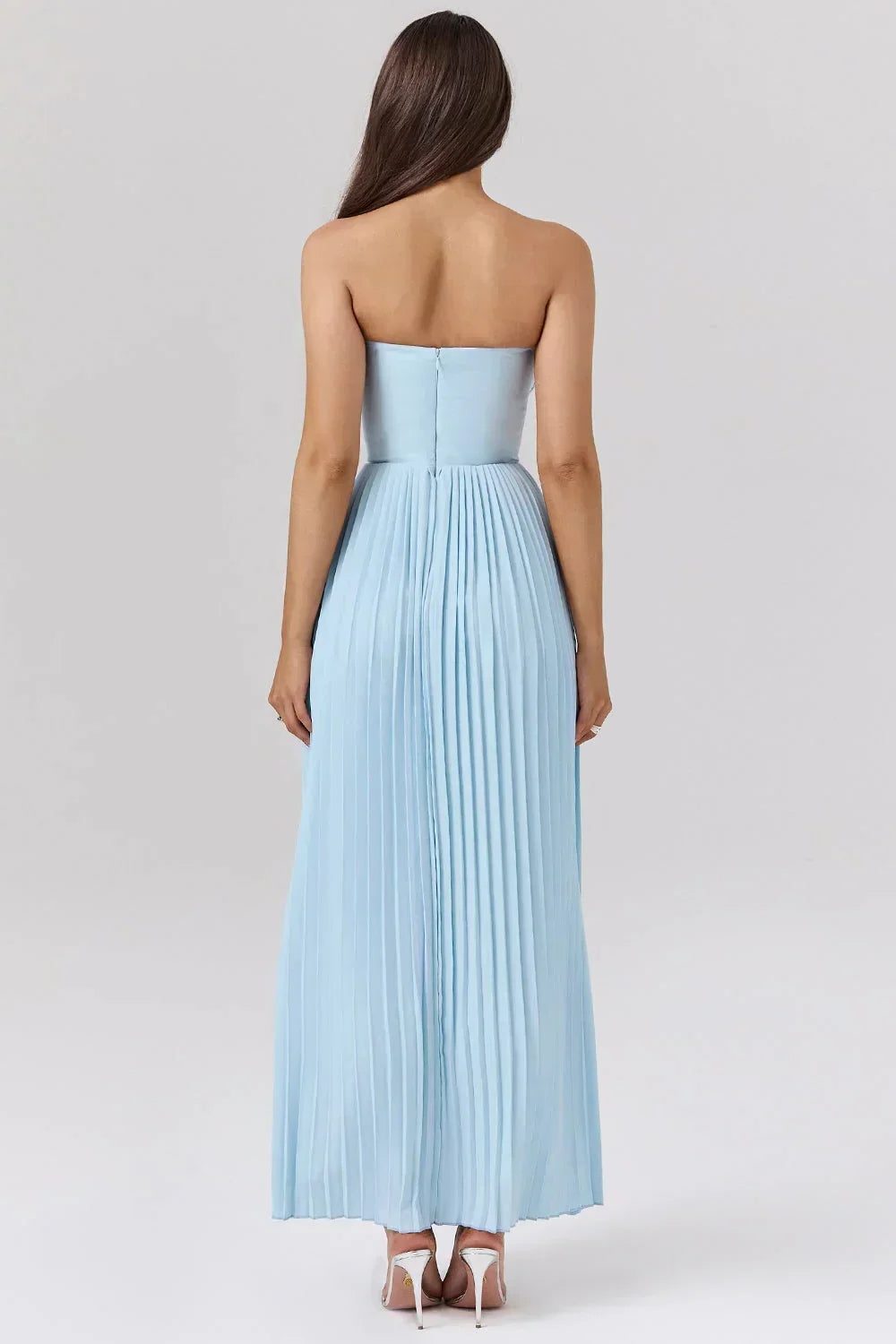 Women's Sky Blue Pleated Maxi Dress with Bustier Bodice - Maisie London