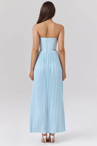 Women's Sky Blue Pleated Maxi Dress with Bustier Bodice - Maisie London