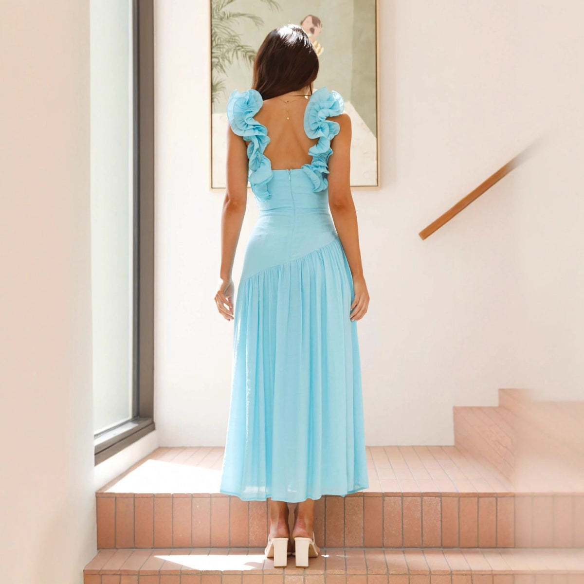 Women's Ruffle Shoulder Midi Dress with V-Neck and Ruched Waist - Maisie London