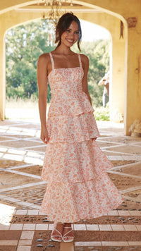 Women's Floral Tiered Maxi Dress with Square Neck and Tie Back - Maisie London