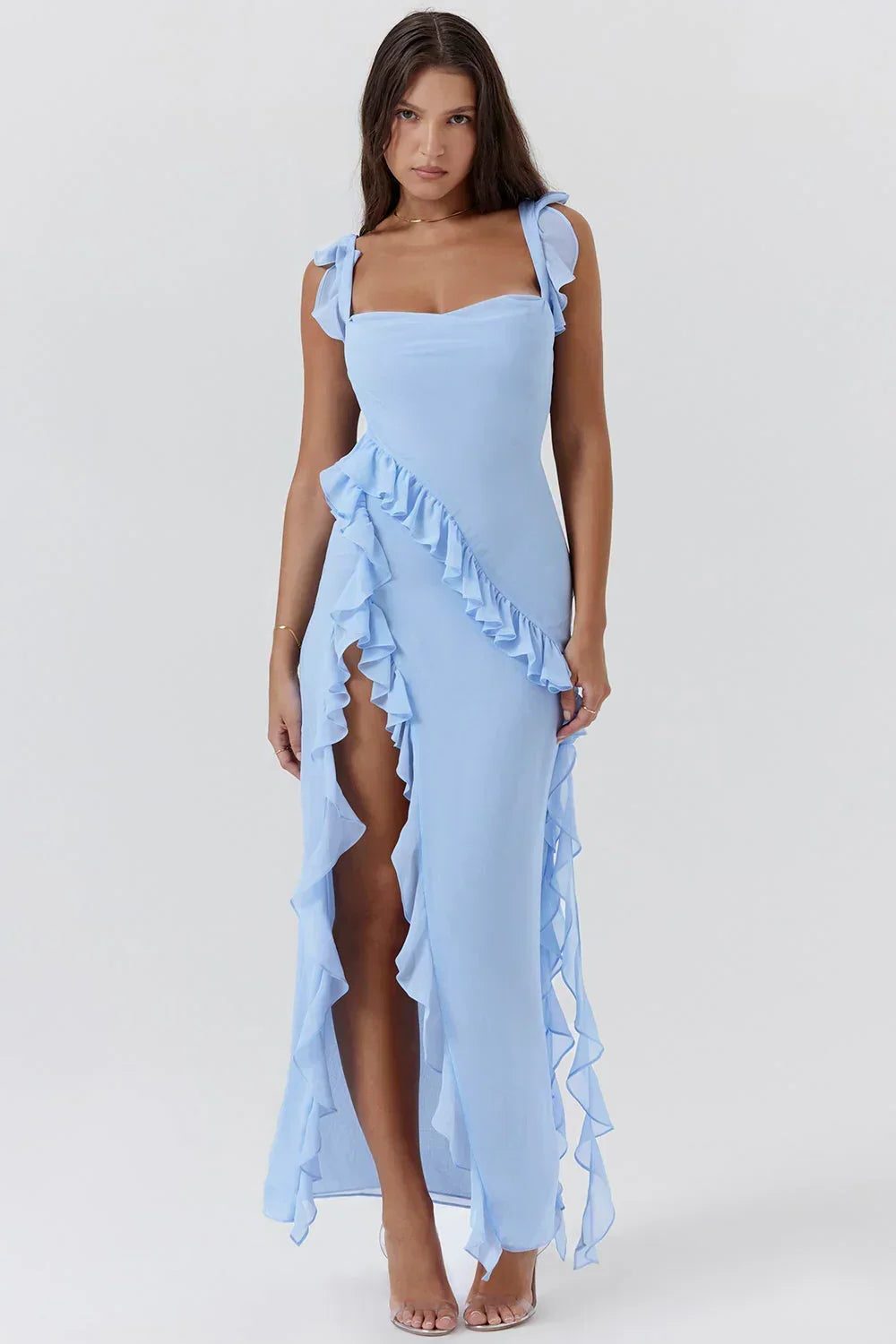 Women's Chiffon Ruffle Maxi Dress with Square Neck and Side Slit - Maisie London