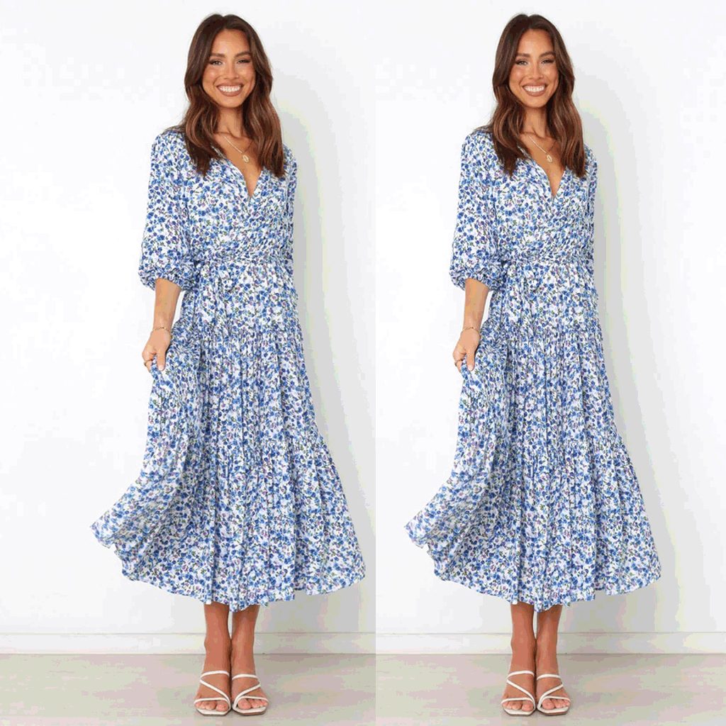 Women's Blue Floral Midi Dress with Wrap V-Neck and Tie Waist - Maisie London