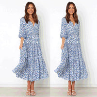 Women's Blue Floral Midi Dress with Wrap V-Neck and Tie Waist - Maisie London