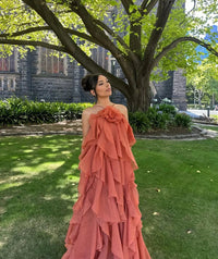 Women's Organza Ruffle Maxi Dress with Rose Corsage and Open Back - Maisie London
