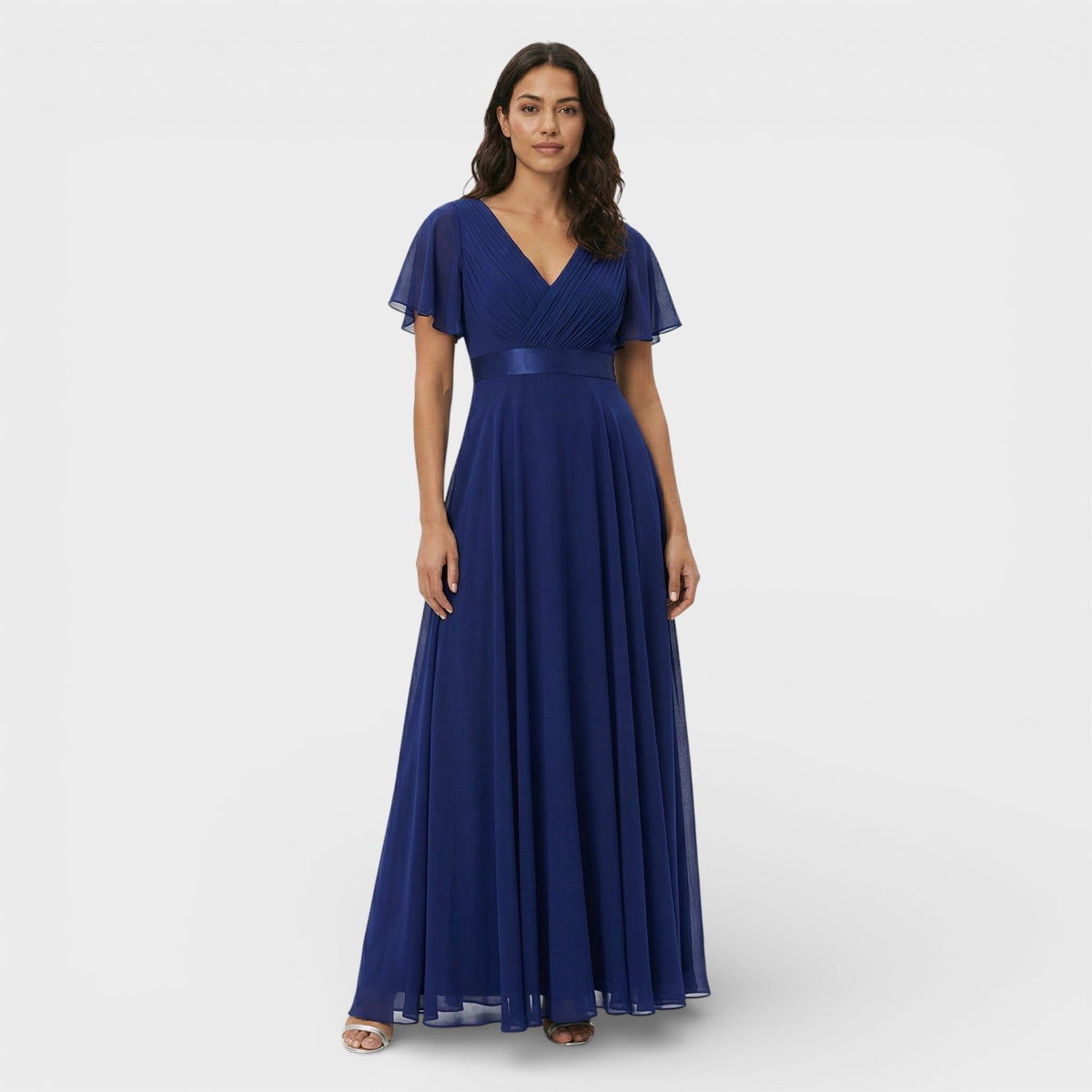 Women's Chiffon V-Neck Maxi Dress with Flutter Sleeves and Pleats - Maisie London