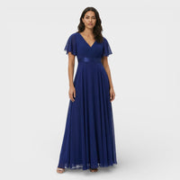 Women's Chiffon V-Neck Maxi Dress with Flutter Sleeves and Pleats - Maisie London