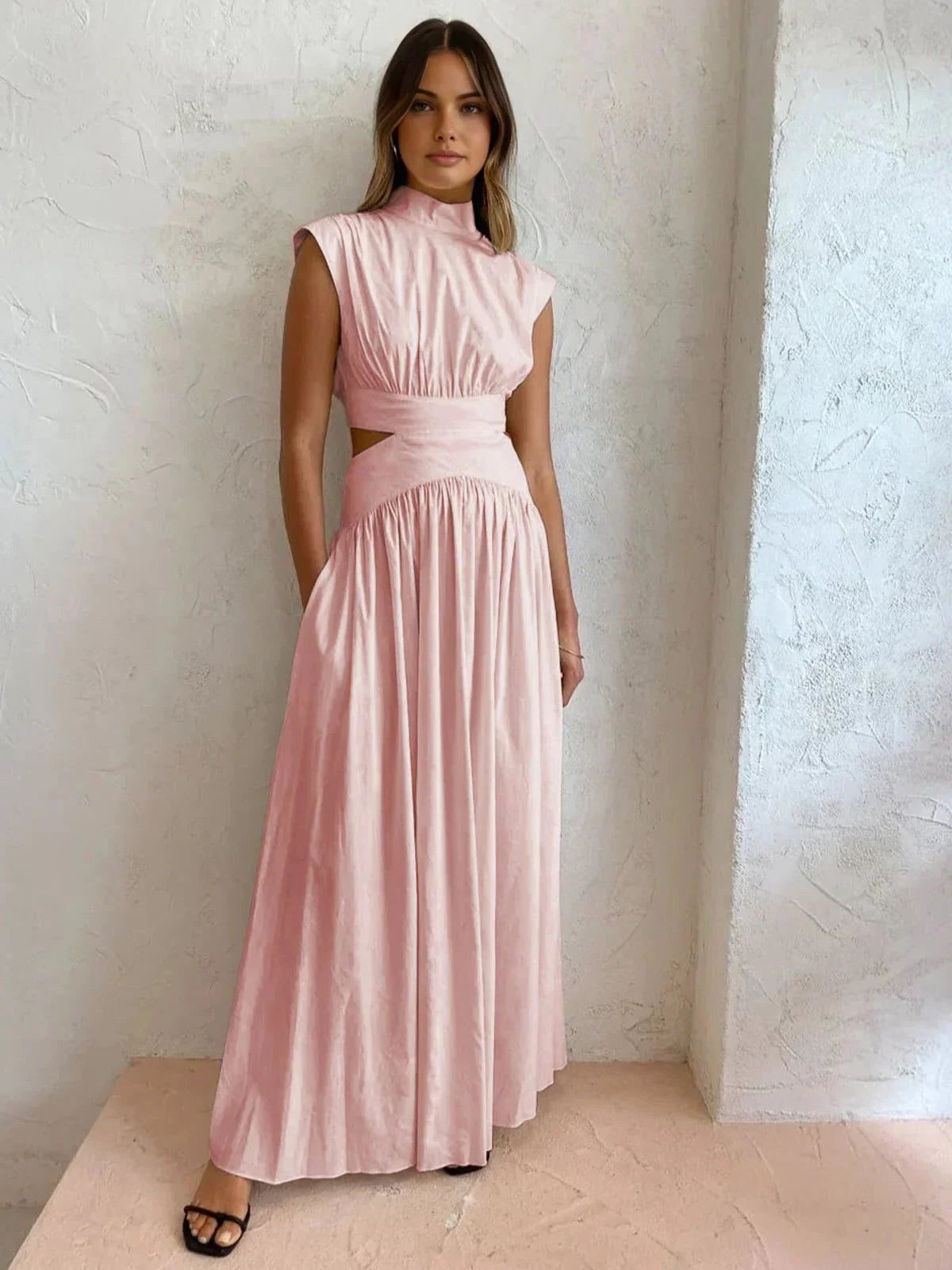Women's Sleeveless Maxi Dress with High Collar and Waist Cut-Outs - Maisie London