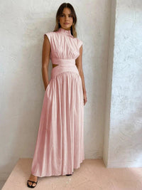 Women's Sleeveless Maxi Dress with High Collar and Waist Cut-Outs - Maisie London
