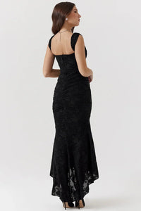 Women's Floral Jacquard Midi Dress with Ruched Waist and High-Low Hem - Maisie London