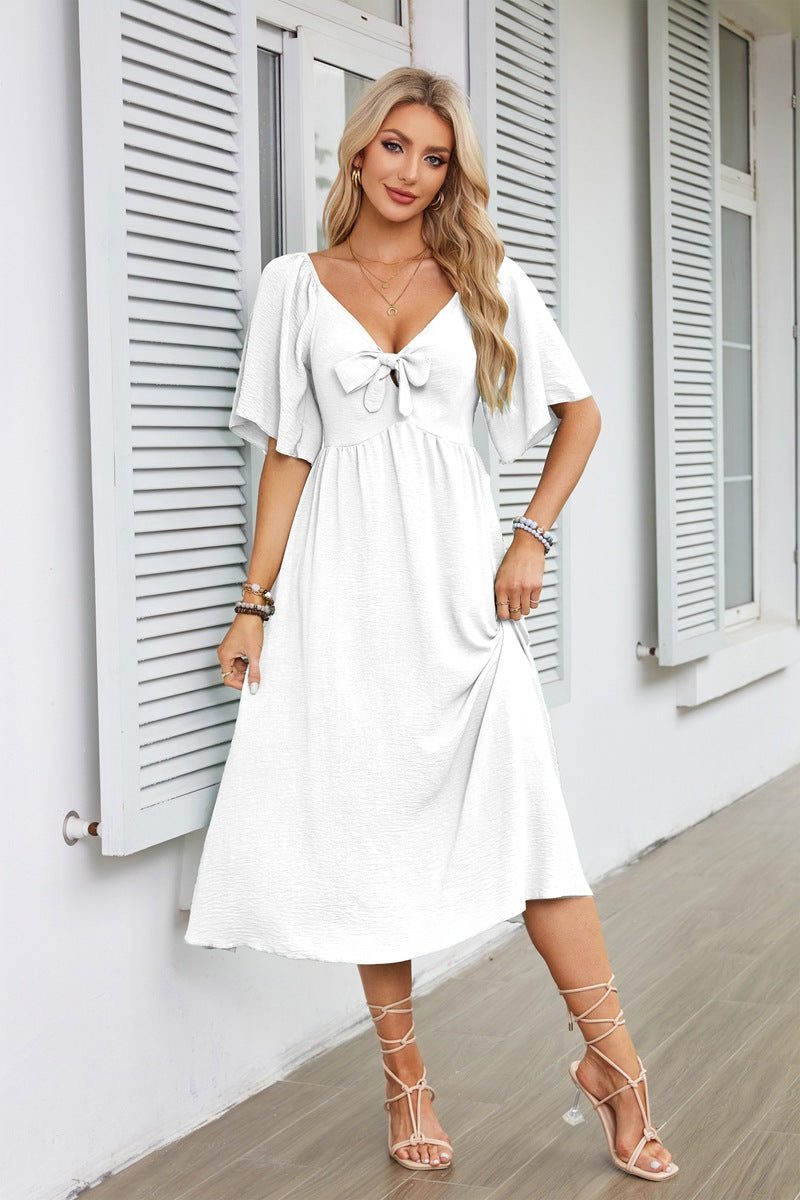 Women's Textured Flutter Sleeve Midi Dress with V-Neck and Tie Front - Maisie London