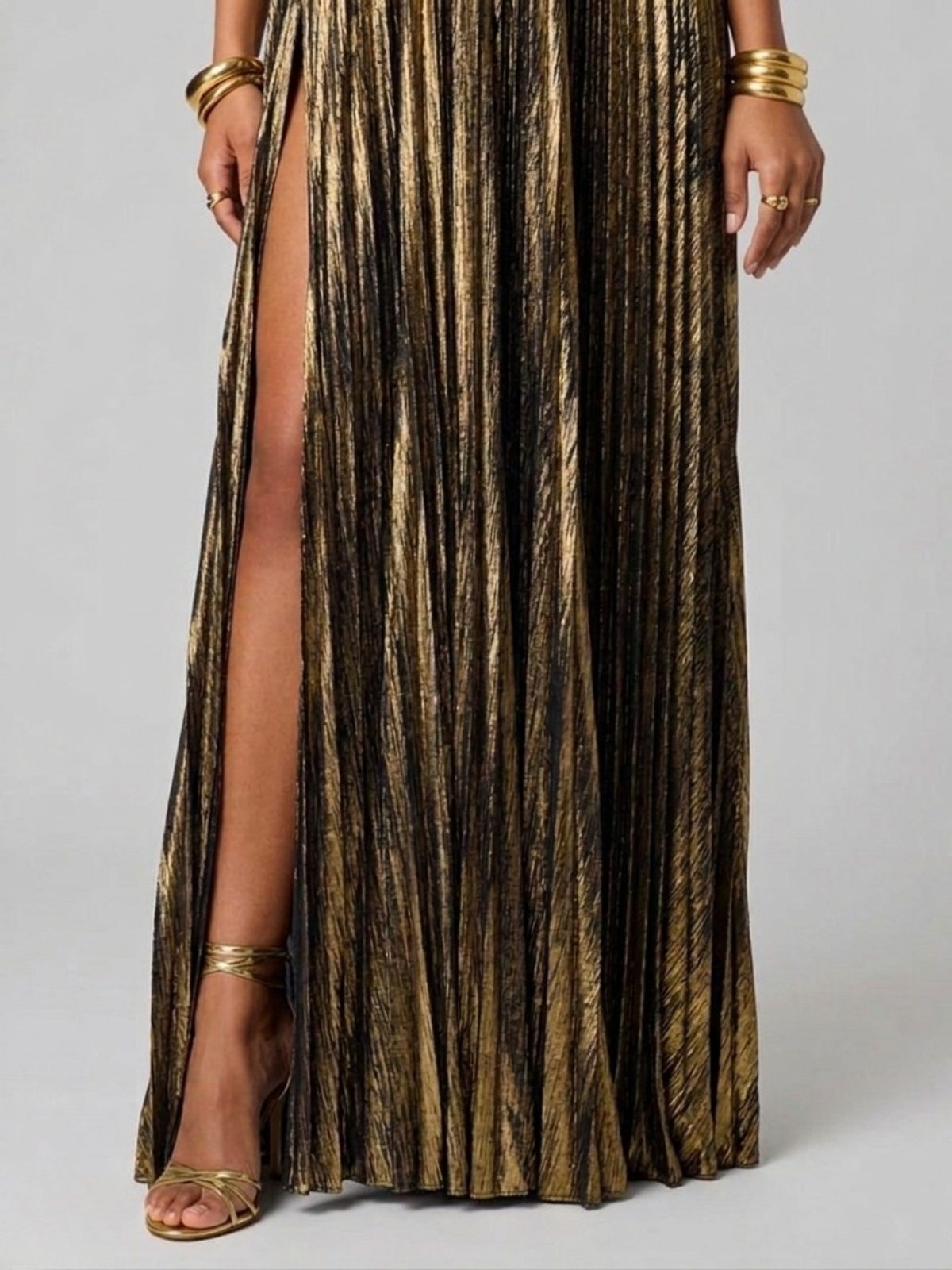 Women's Pleated Metallic Maxi Dress with Twist Front and Side Split - Maisie London
