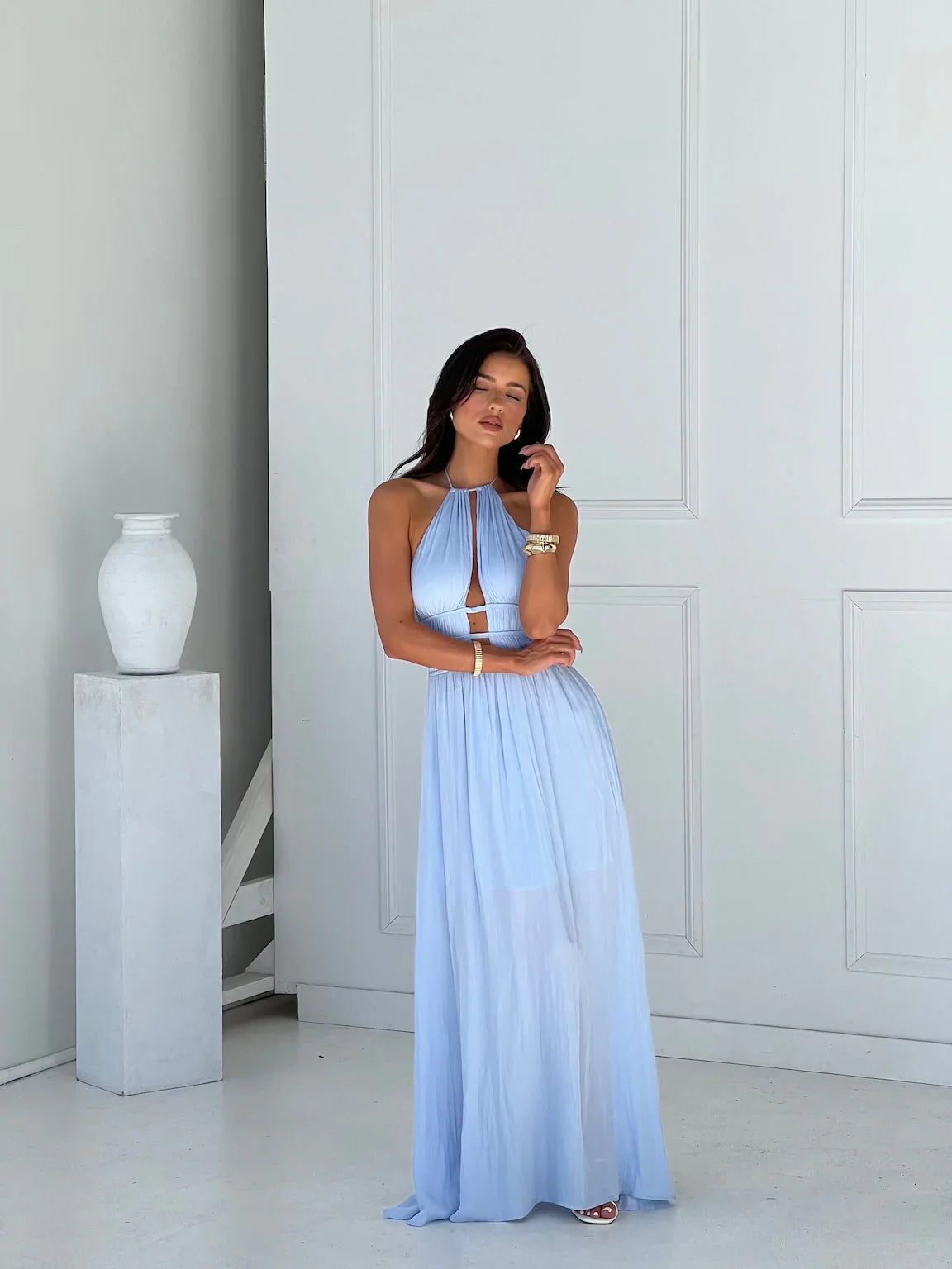 Women's Halterneck Maxi Dress with Front Cut-Out and Open Back - Maisie London