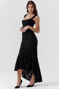 Women's Floral Jacquard Midi Dress with Ruched Waist and High-Low Hem - Maisie London