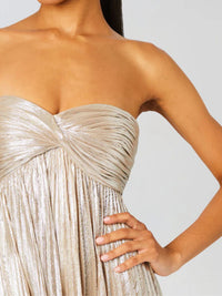 Women's Pleated Metallic Maxi Dress with Twist Front and Side Split - Maisie London