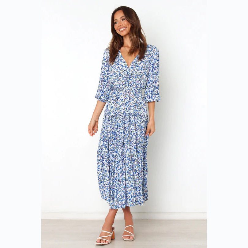 Women's Blue Floral Midi Dress with Wrap V-Neck and Tie Waist - Maisie London