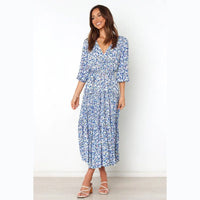 Women's Blue Floral Midi Dress with Wrap V-Neck and Tie Waist - Maisie London