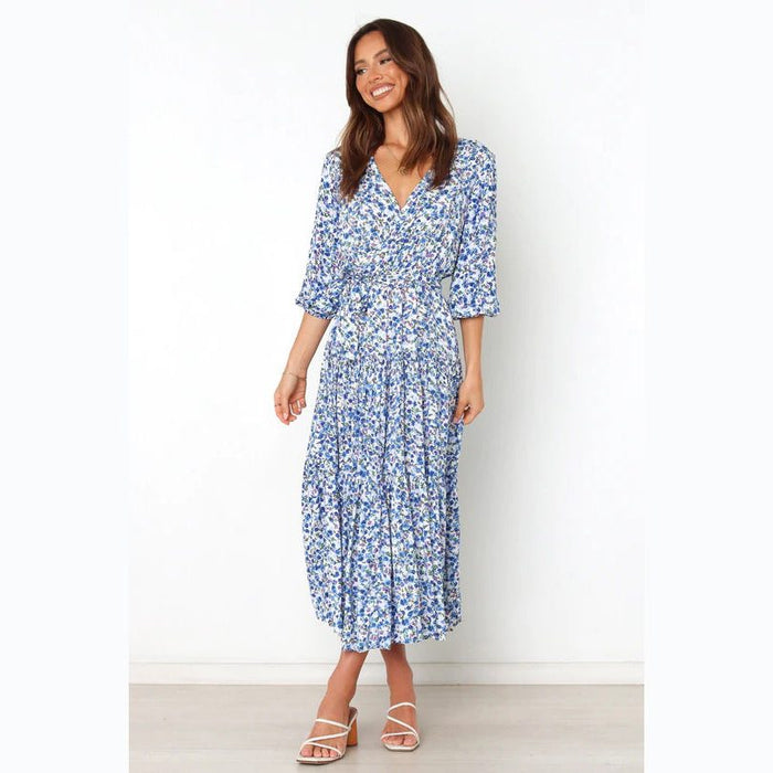 Women's Blue Floral Midi Dress with Wrap V-Neck and Tie Waist - Maisie London