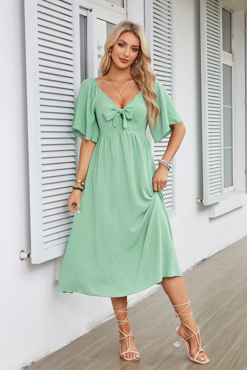 Women's Textured Flutter Sleeve Midi Dress with V-Neck and Tie Front - Maisie London