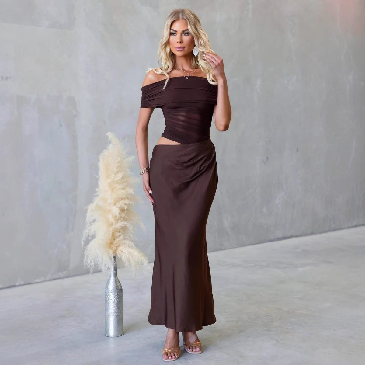 Women's Satin Off-Shoulder Maxi Dress with Ruched Mesh Bodice - Maisie London