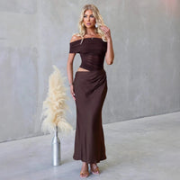 Women's Satin Off-Shoulder Maxi Dress with Ruched Mesh Bodice - Maisie London