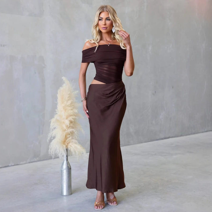 Women's Satin Off-Shoulder Maxi Dress with Ruched Mesh Bodice - Maisie London