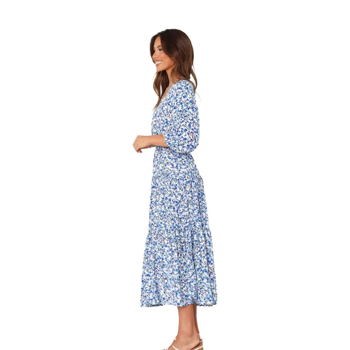 Women's Blue Floral Midi Dress with Wrap V-Neck and Tie Waist - Maisie London