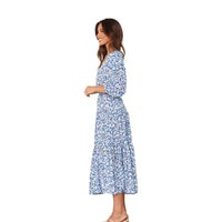 Women's Blue Floral Midi Dress with Wrap V-Neck and Tie Waist - Maisie London