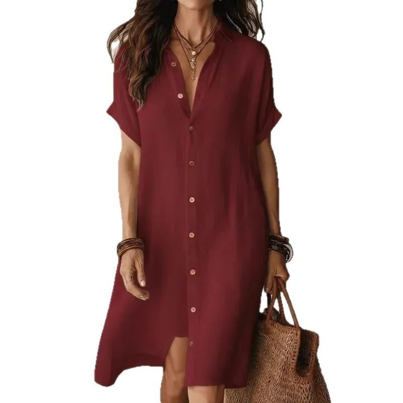 Women's Linen-Look Knee-Length Shirt Dress with Rolled Sleeves - Maisie London