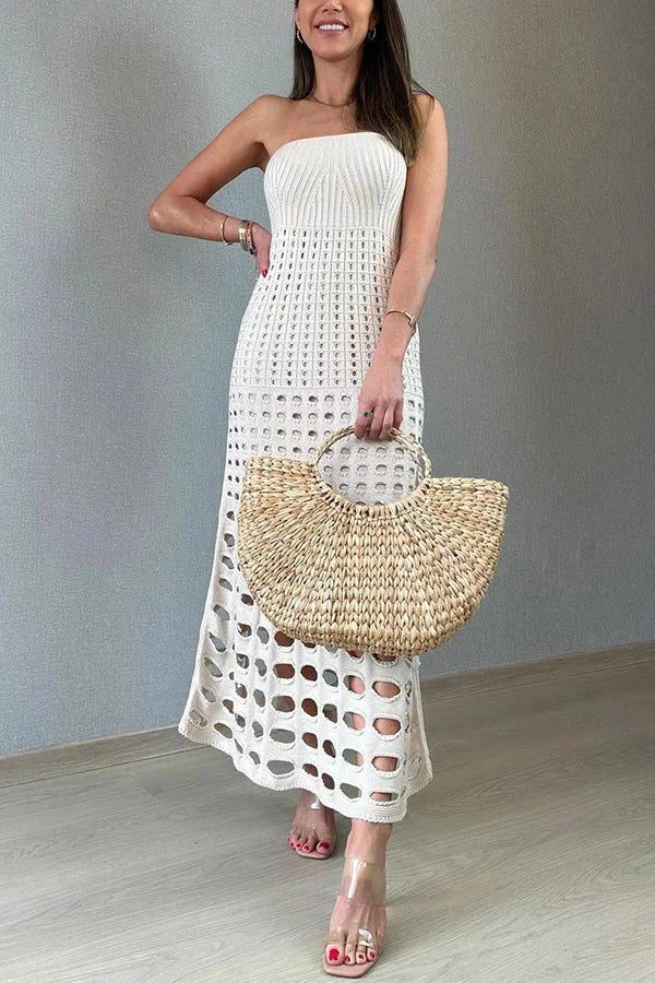 Women's Open-Knit Strapless Maxi Dress with Graduated Cut-Outs - Maisie London