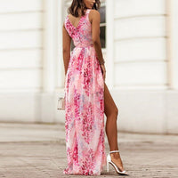 Women's Floral Chiffon Maxi Dress with V-Neck and Thigh Split - Maisie London