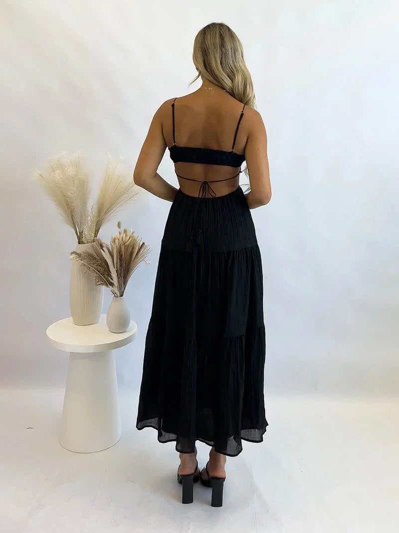 Women's Tiered Maxi Dress with Thin Straps and Cut-Out Waist - Maisie London