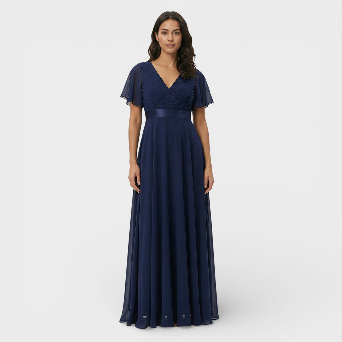 Women's Chiffon V-Neck Maxi Dress with Flutter Sleeves and Pleats - Maisie London