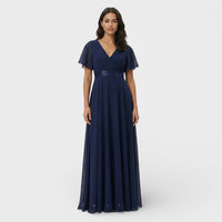 Women's Chiffon V-Neck Maxi Dress with Flutter Sleeves and Pleats - Maisie London