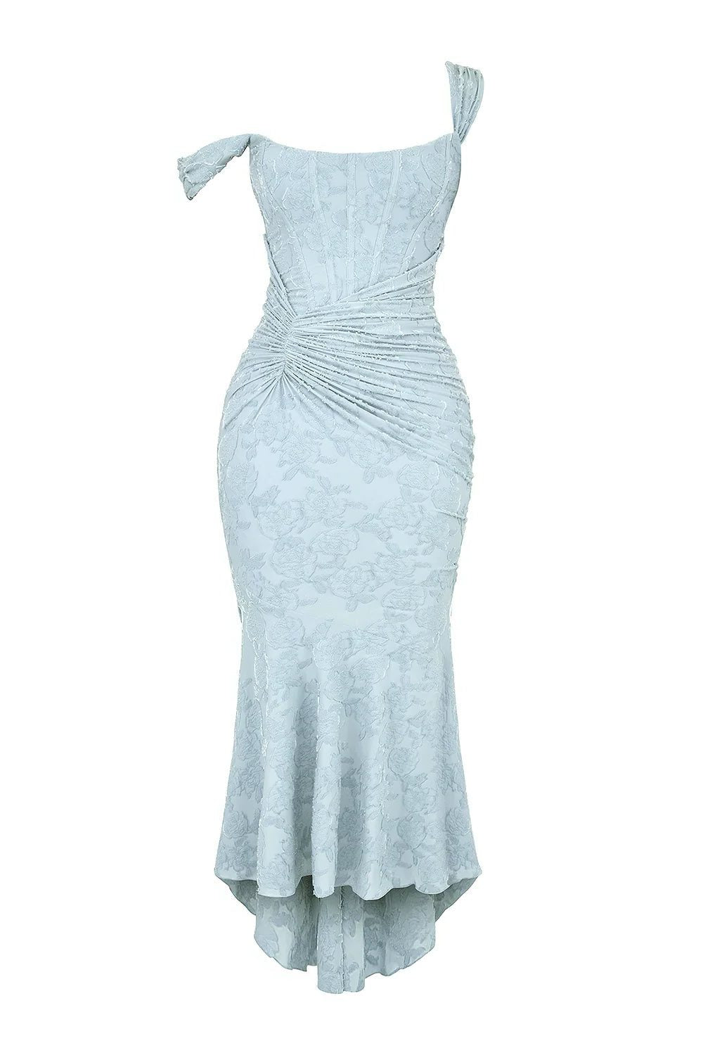 Women's Floral Jacquard Midi Dress with Ruched Waist and High-Low Hem - Maisie London