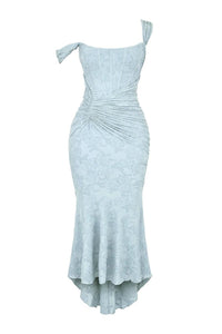 Women's Floral Jacquard Midi Dress with Ruched Waist and High-Low Hem - Maisie London