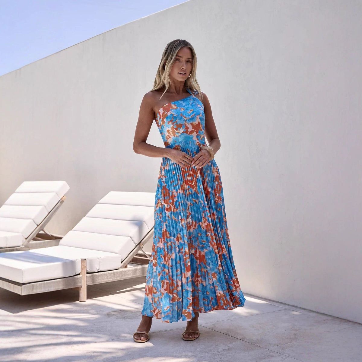 Women's Blue Floral Maxi Dress with One-Shoulder Pleated Skirt - Maisie London