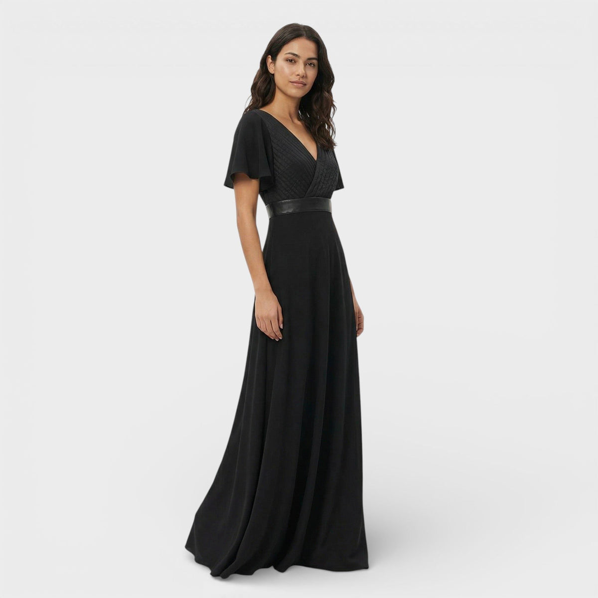 Women's Chiffon V-Neck Maxi Dress with Flutter Sleeves and Pleats - Maisie London