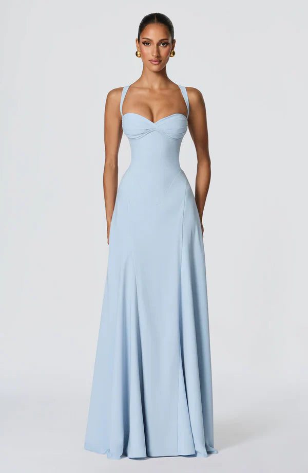 Women's Crepe Sweetheart Maxi Dress with Lace-Up Back and Straps - Maisie London