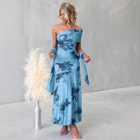 Women's Blue Floral One-Shoulder Maxi Dress with Ruched Waist - Maisie London