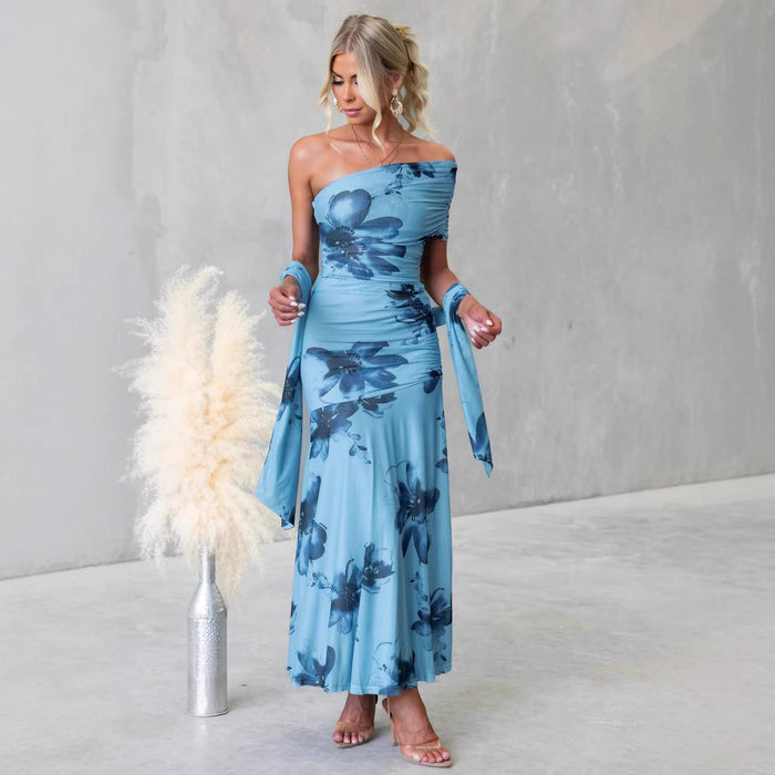 Women's Blue Floral One-Shoulder Maxi Dress with Ruched Waist - Maisie London