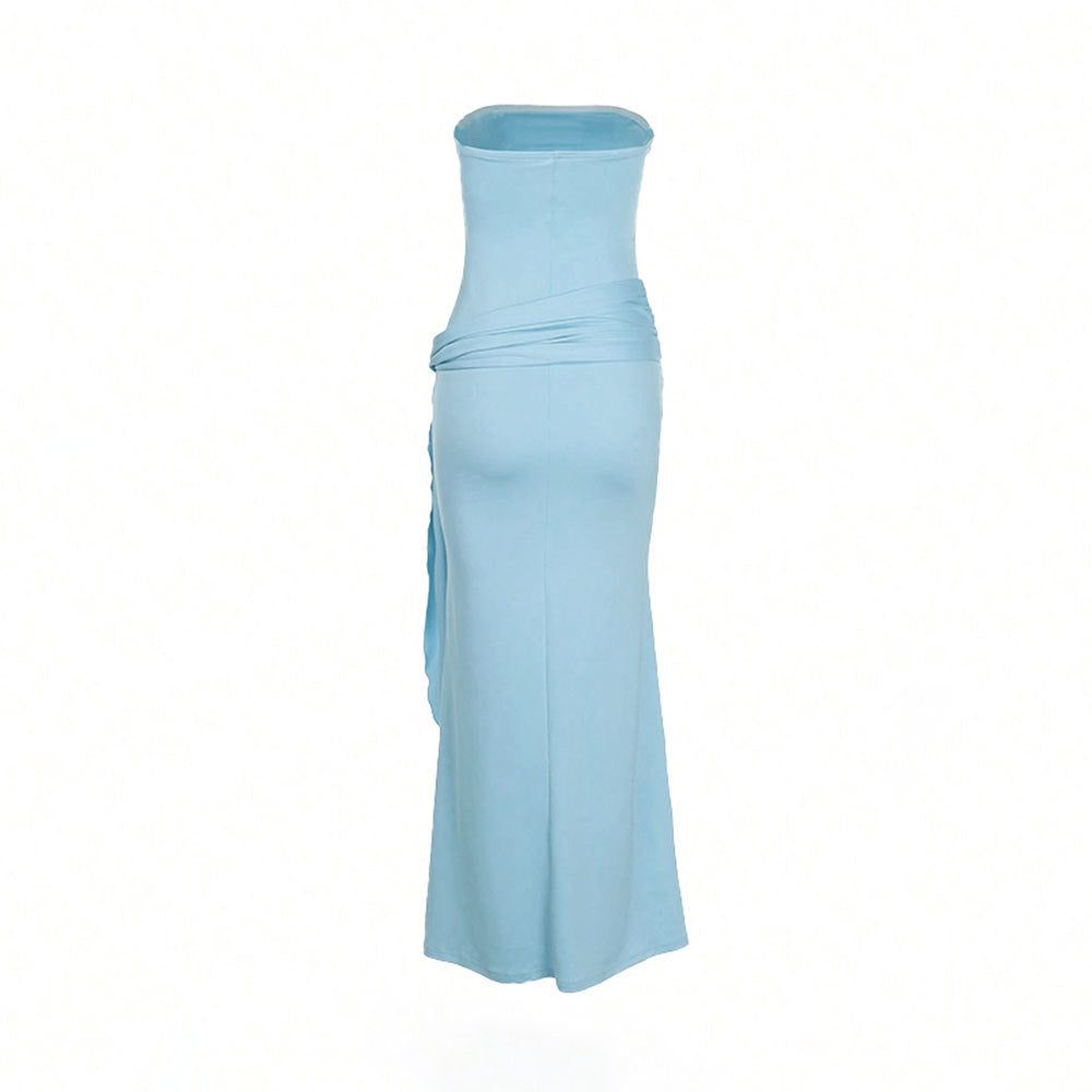 Women's Light Blue Jersey Maxi Dress with Ruched Waist and Tie - Maisie London