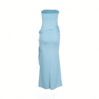 Women's Light Blue Jersey Maxi Dress with Ruched Waist and Tie - Maisie London