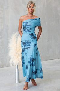 Women's Blue Floral One-Shoulder Maxi Dress with Ruched Waist - Maisie London