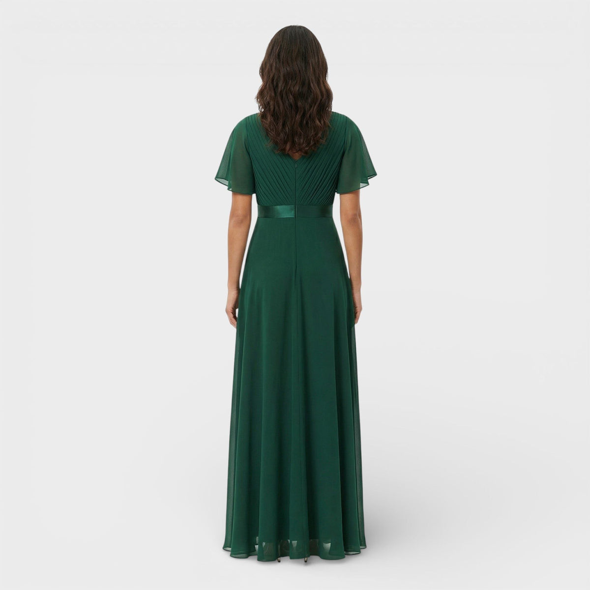 Women's Chiffon V-Neck Maxi Dress with Flutter Sleeves and Pleats - Maisie London